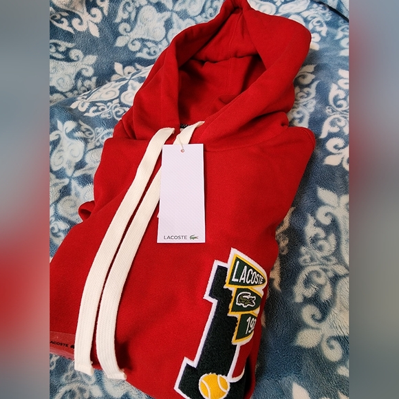 LACOSTE MEN'S HOODED COTTON FLEECE PENNANTS L BADGE - COLOR RED - Picture 2 of 9